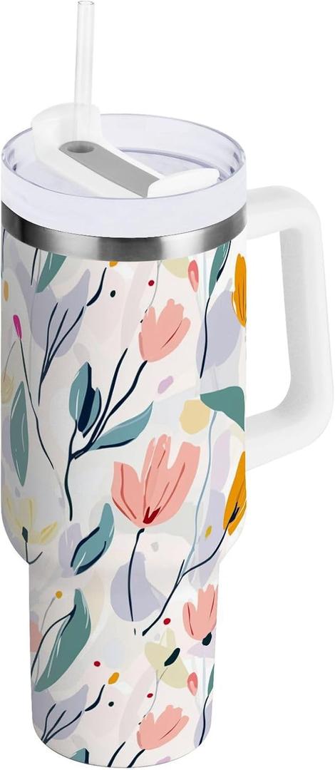 Spring Flowers Art Light Color Vacuum Insulated Tumbler with Lid 40 oz Water Bottle Reusable Coffee Travel Mug Spill Proof Leak Proof for Water, Iced Tea or Coffee