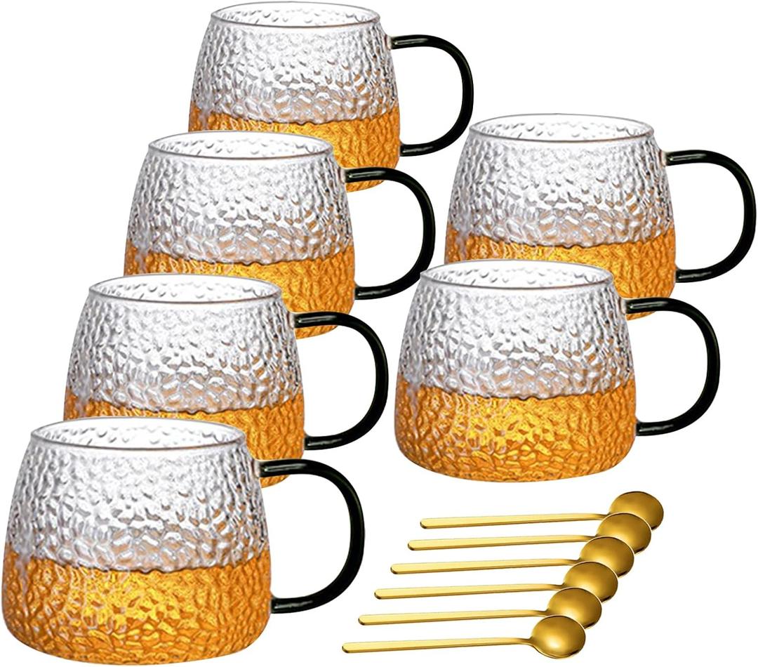 Viovian 15oz Glass Coffee Mugs Set of 6 Vintage Coffee Cups With Handles,Embossed Glass Mug for Hot Cold Beverage Clear Tea Cup for Women Birthday Gifts
