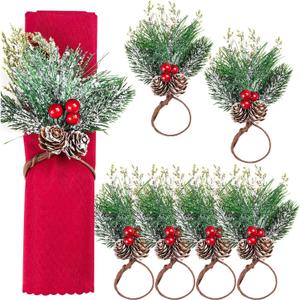 6Pcs Christmas Napkin Rings, Pinecones Napkin Ring with Snowy Pine Branche Red Berry Decor, Berry NapkinRings for Christmas Dinning Table Decor, Holiday Party Home Decoration
