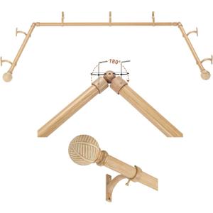 Corner Curtain Rod for Windows 36 to 72 Inch(Center Rod),20 to 36 Inch Side Rods for windows,1 Inch Bay Window Curtain Rods with Aluminum Brackets and Imitation Wood Grain Leaf Pattern Finials