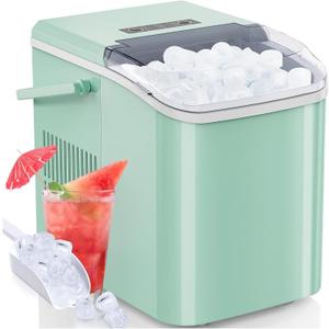 DUMOS Ice Makers Countertop with Handle Ice Machine, Fast in 6 Mins, 26lbs in 24 Hours, Quiet Self-Cleaning, Compact Size Portable for Home, Kitchen, RV, Camping,Modern Green (12.5"11.6"8.8")