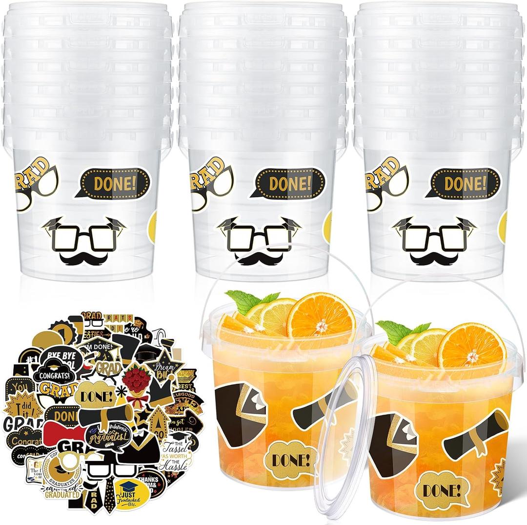 PerKoop 20 Pcs 32 oz Ice Cream Buckets with Lids and Handles Clear Cocktail Rum Buckets with Stickers Plastic Transparent Tub Reusable Food Storage Containers for Parties(Black)