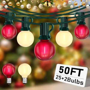 Abeja G40 Globe Patio String Light, 50Ft G40 Red White String Lights with 27 G40 LED Bulbs(2 Spare), Hanging Patio Globe String Light for Christmas Garden Holiday Party Decor-Green Line