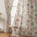 Red Floral Semi Sheer Curtains Linen Textured for Living Room Patterned Green Jacobean 96 inches Long 2 Panels Rod Pocket Light Filtering Window Drapes for Dining Bedroom