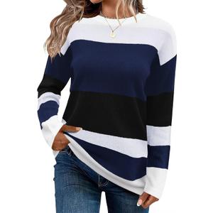 FEKOAFE Women's 2025 Cute Striped Sweaters Crew Neck Long Sleeve Pullover Sweaters for Women (XX-Large, Bc Dark Blue)