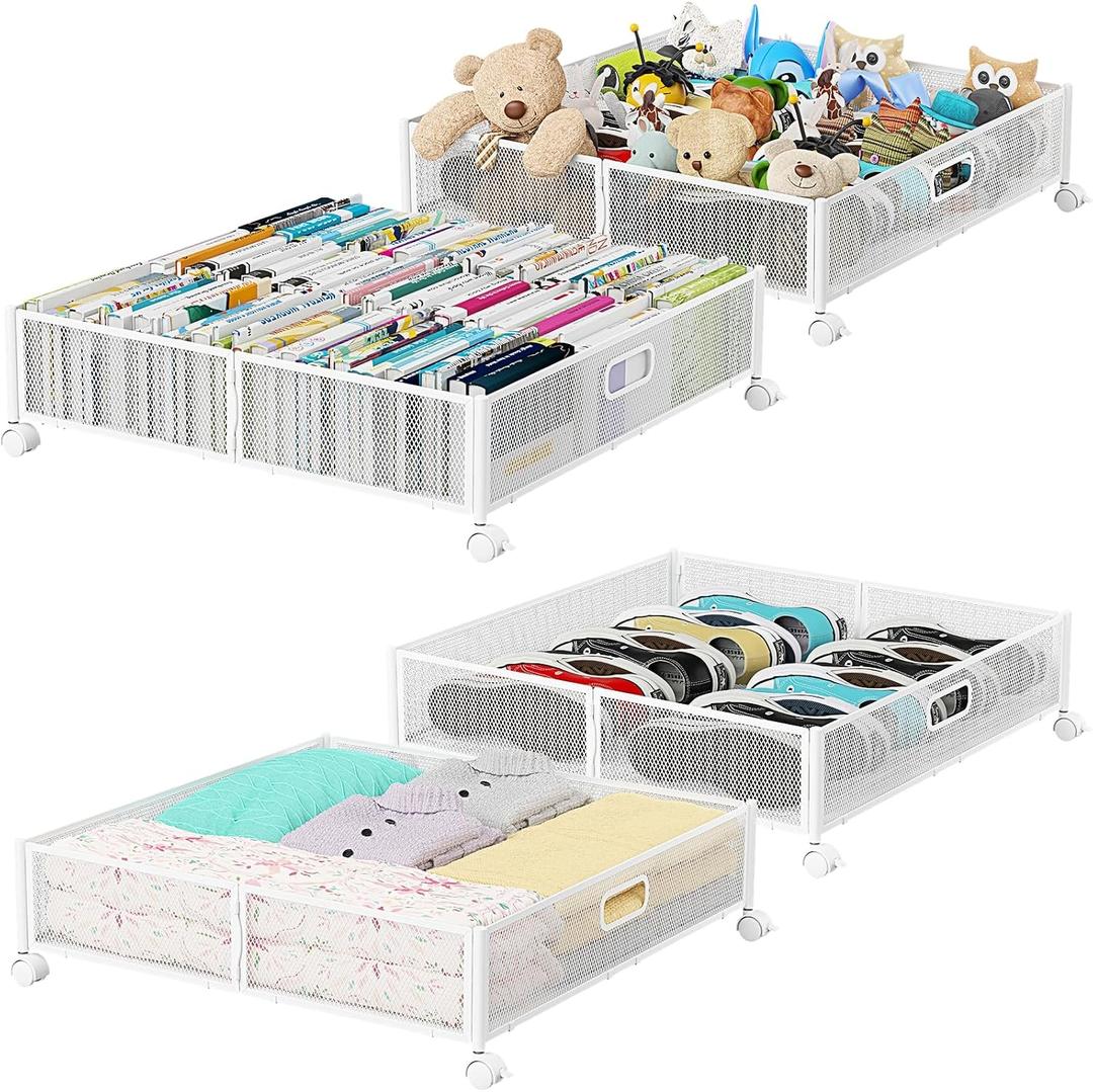 Under Bed Storage, Under the Bed Storage Containers with Wheels, Under Bed Shoe Storage Organizer Drawer, Tool-free Assembly Metal Underbed Storage Containers for Bedroom Clothes Shoes Blankets -4PCK
