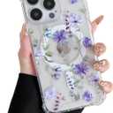 DEFBSC Magnetic Case for iPhone 14 Pro Max Work with Magsafe, Clear Floral Flower Pattern Print Design Flexible Acrylic Shockproof Cover for Women Girls, Flower Protective Phone Case, Purple Cosmos