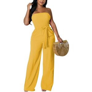 FairyLove Women's Strapless Tube Top Rompers Casual Off Shoulder Printed Sleeveless Belted Wide Leg Jumpsuit with Pockets (XX-Large)