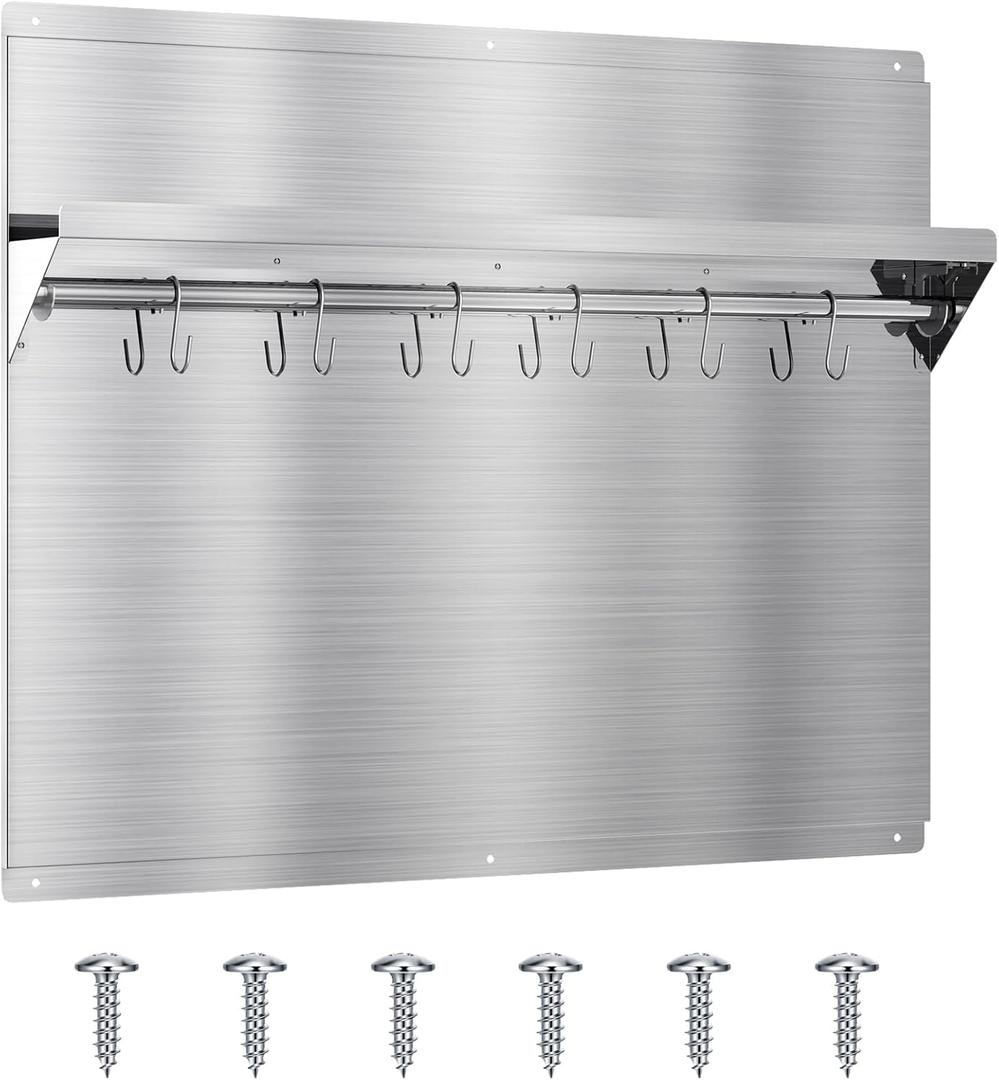 EKON Stainless Steel Backsplash 24 x 30 Inch Wall Shield for Kitchen Easy Clean And Installation with Built-in Storage Shelf and Hanging Rack