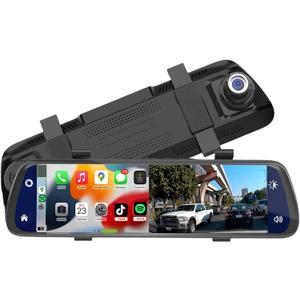 BY-J 10'' Rearview Mirror Camera with CarPlay&Andorid Auto,2K Mirror Dash Cam Front and Rear Backup Camera with Reverse Assist/Loop Record/G Sensor/Voice Control&Split Touch Screen