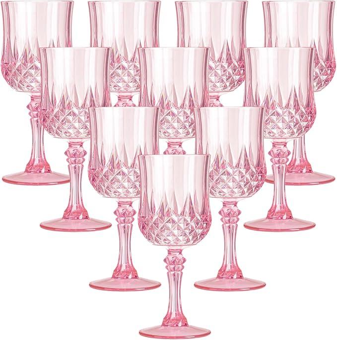 Plastic Wine Glasses, Plastic Goblets Vintage Style Cordial Unbreakable Drinking Glasses, Reusable Drinkware for Wedding Reception, Grand Event Party Supplies, Easter (10, Pink)