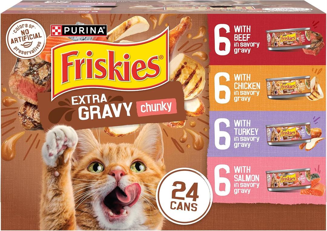 Purina Friskies Extra Gravy Wet Cat Food Chunky 24ct Variety Pack (With Chicken, Turkey, Salmon, Beef) - (Pack of 24) 5.5 oz. Cans (EXP 03/01/28)