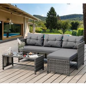 Shintenchi 3-Piece Outdoor Patio Furniture Sets, Wicker Patio Conversation Sets, All Weather Wicker Rattan Patio Seating Sofas with Glass Coffee Table and Cushion, Gray