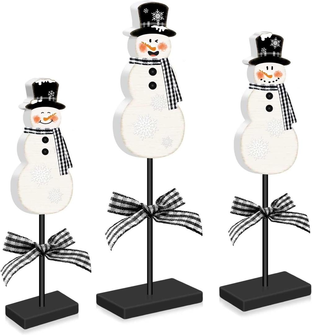 3 Pcs Winter Table Decor Rustic Wooden Snowman Centerpiece Standing Snowman Tabletop Sign Holiday Christmas Black Hat Snowflake Decorations for Home Kitchen Mantel Tiered Tray Display