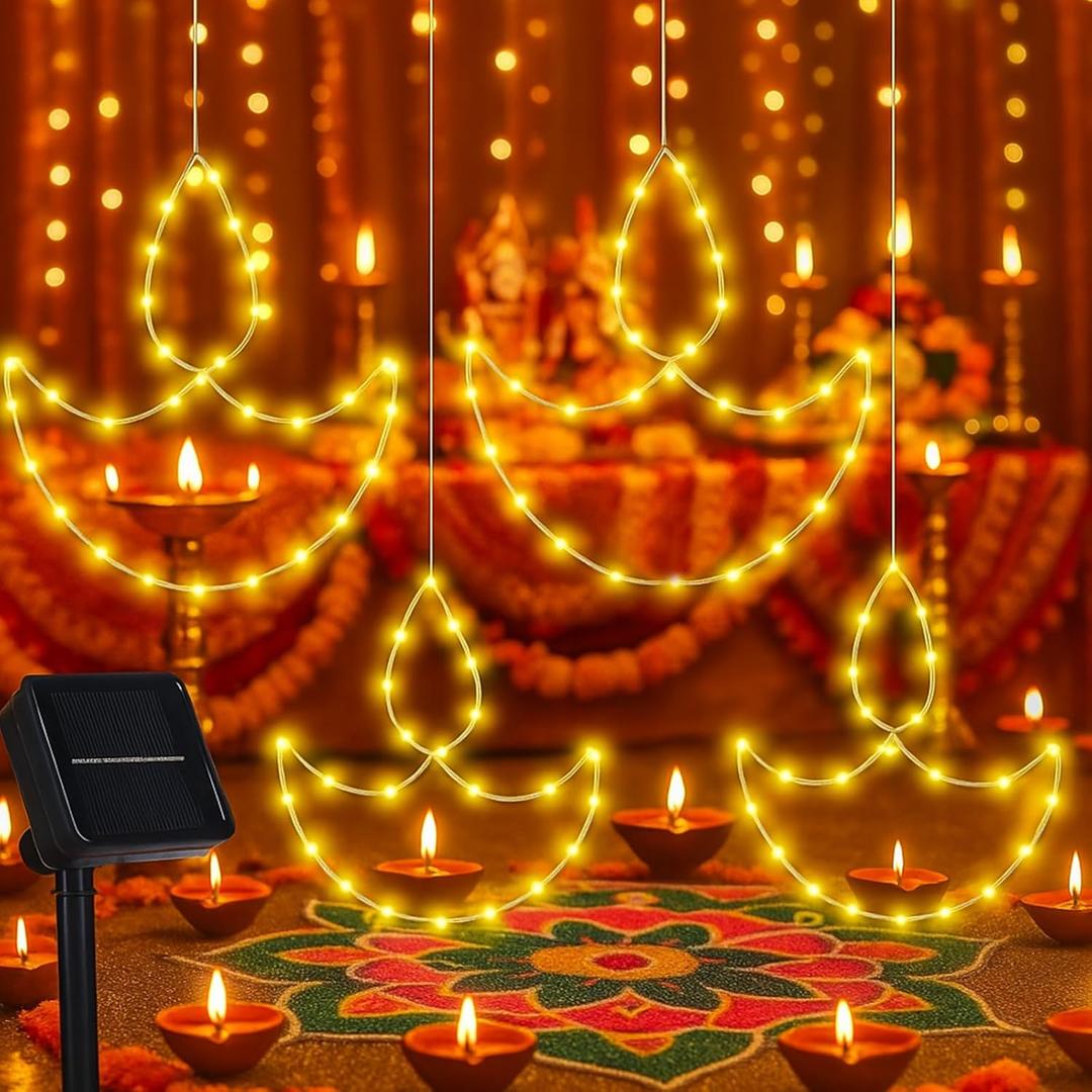 Riakrum 4 Pcs Solar Diya Diwali Lights, Hanging Diwali Decorations for Home Hanging Deepavali Solar Lights Indoor Outdoor Warm Light Waterproof Diya Shape Indian Decorations for Yard Garden Home Decor