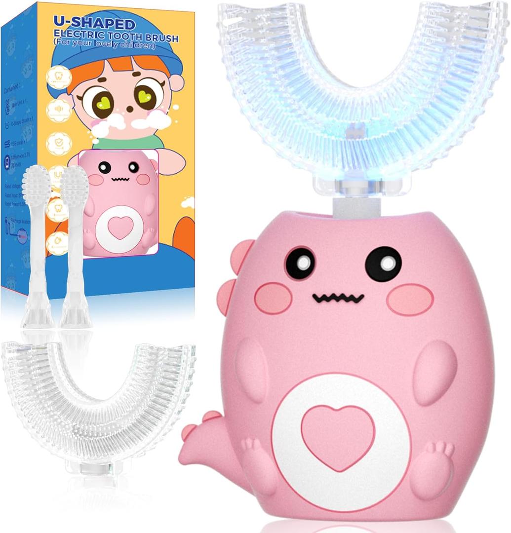 Kids U Shaped Electric Toothbrush, with 3 Cleaning Modes, with 4 Brush Heads, 360 Sonic Automatic Toothbrush, IPX7 Waterproof Cartoon Dinosaur Design (Ages 2-12) (Pink)