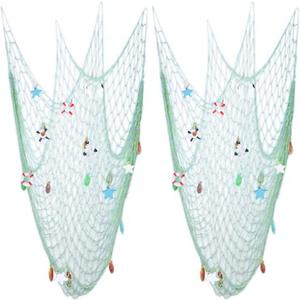Nature Fish Net Wall Decoration with Shells, Ocean Themed Wall Hangings Fishing Net Party Decor for Pirate Party,Wedding,Photographing Decoration (2pack-Aqua/Aqua) (One Size)