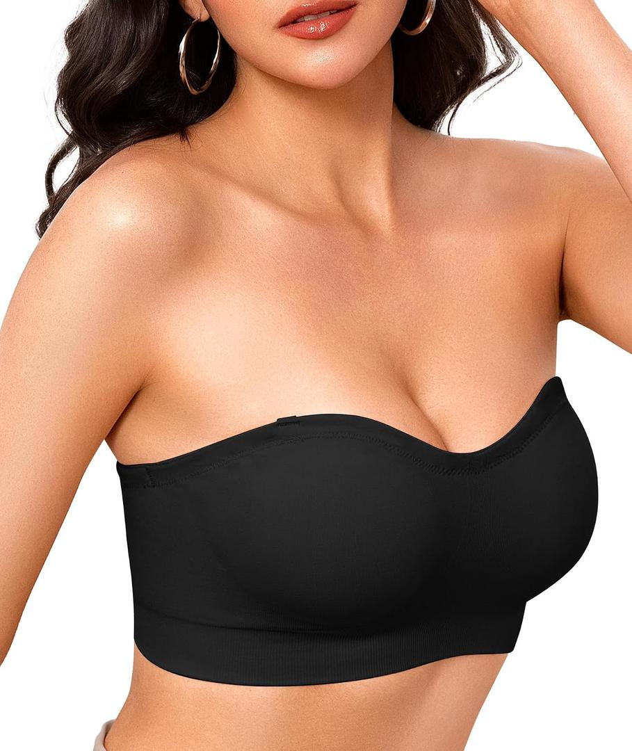 Strapless Bras for Women Non-Slip Wireless Bandeau Bra Seamless Padded Tube Top Bra Including Fabric & Clear Straps (Black) L