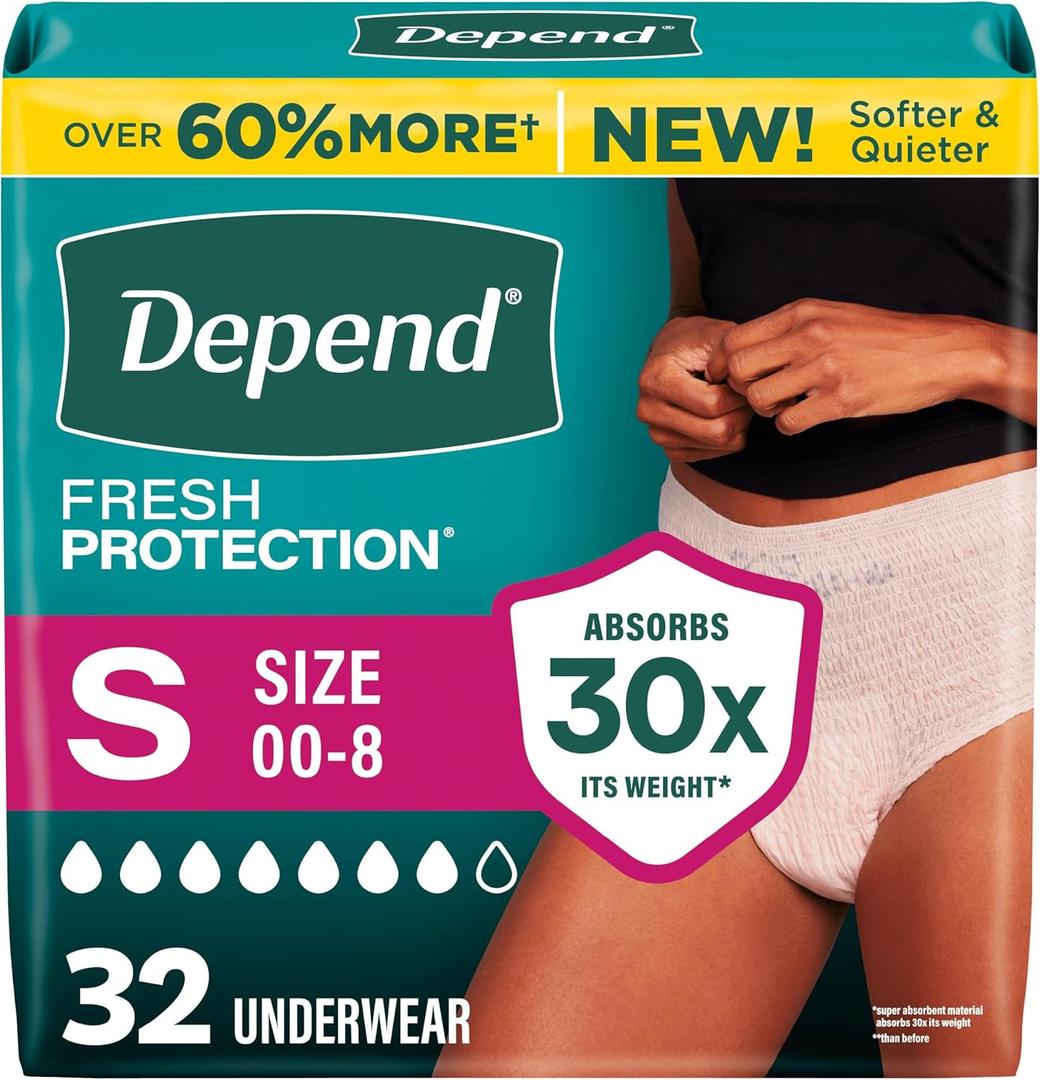 Depend Fresh Protection Adult Diapers, Incontinence Underwear for Women, Disposable, Maximum, Small, Blush, 32 Count 