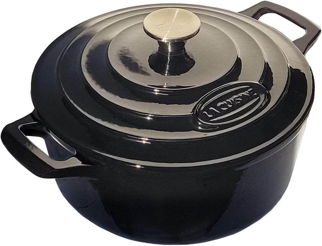 La Cuisine Enameled Cast Iron Dutch Oven Casserole Dish Pot with Lid 5 QT 10 Inches Dia. Matt Black Enamel Coating Interior, Glossy Black Exterior, Oven-Safe, Induction Cooktop Compatible, 26cm