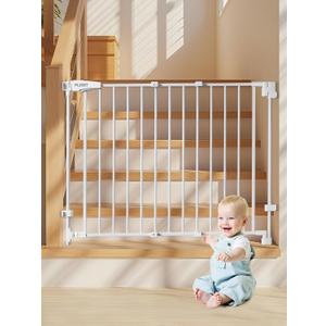 29.5-43" No Bottom Bar Baby Gate for Stairs, Auto Close Dog Gate Indoor, Hardware Mounted, Child Safety Gate for Kids with Large Walk Thru Door, Pet Gate for Doorways adn Stairs - White