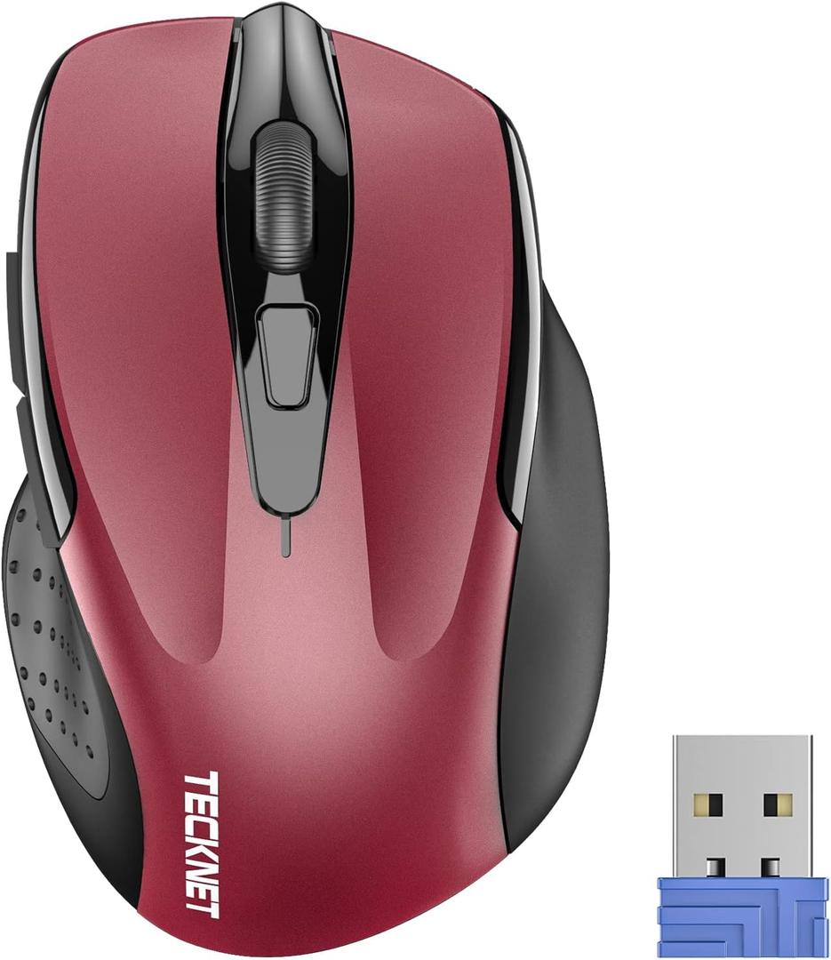 TECKNET Wireless Mouse, 2.4G Ergonomic Optical Mouse, Computer Mouse for Laptop, PC, Computer, Chromebook, Notebook, 6 Buttons, 24 Months Battery Life, 2600 DPI, 5 Adjustment Levels - Red