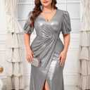 CYCLAMEN Plus Size Formal Maxi Dress Sparkly Evening Gown Ruched Puff Sleeves V-Neck High Slit Prom Wedding Guest Gala (XXL, Silver)