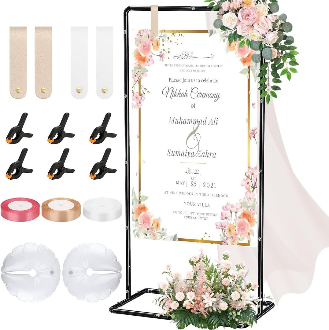 Wedding Welcome Sign Stand, Adjustable Welcome to our Wedding Sign Holder with Leather Sign Hanging Straps, Black Easel Stand for Wedding Reception Entrance Welcome Sign Poster Seating Chart Board Display