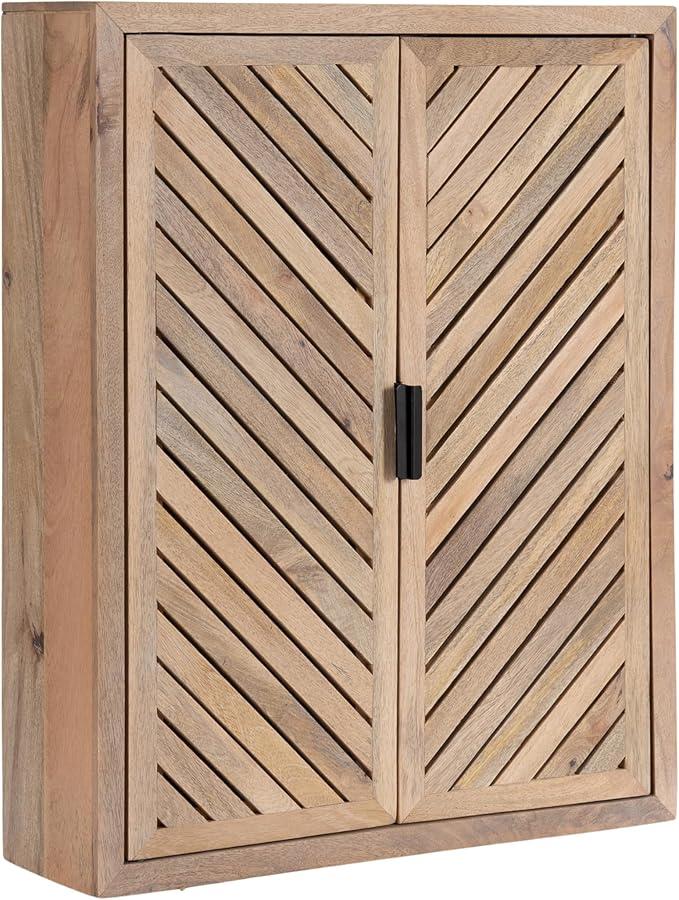 Mezzeta Decorative Modern Two-Door Floating Bathroom Cabinet; 22 x 7 x 28; Natural Wood; Decorative Solid Mango Wood Over The Toilet Storage Cabinet with Slatted Chevron