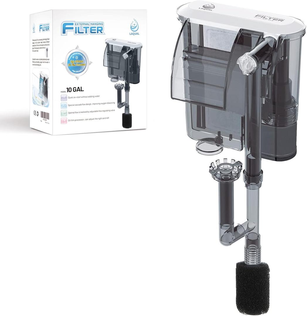 Aquarium Filter with Surface Skimmer, 10 Gallon Small Fish Tank Filter, 3-Layer Filtration, Adjustable Water Flow, Waterfall Design for Increasing Oxygen, Quiet & Efficient Hang on Back Filter