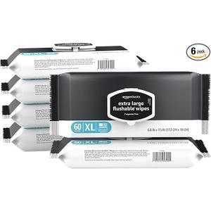 Basics Extra Large Flushable Wipes, Fragrance Free, pH Balanced, with Vitamin E & Aloe, Hypoallergenic, 360 Wipes, 6 Packs of 60, Resealable Closure