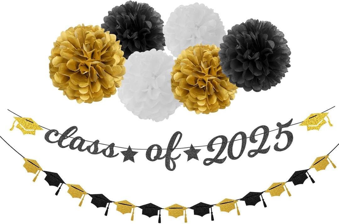 Black-White Gold Party-Decorations Graduation Banner - 8pcs Kits Class of 2025 Cap Garland Streamers, Paper Tissue Pom Poms Flowers, Congratulations Grad Decor Lasting Surprise