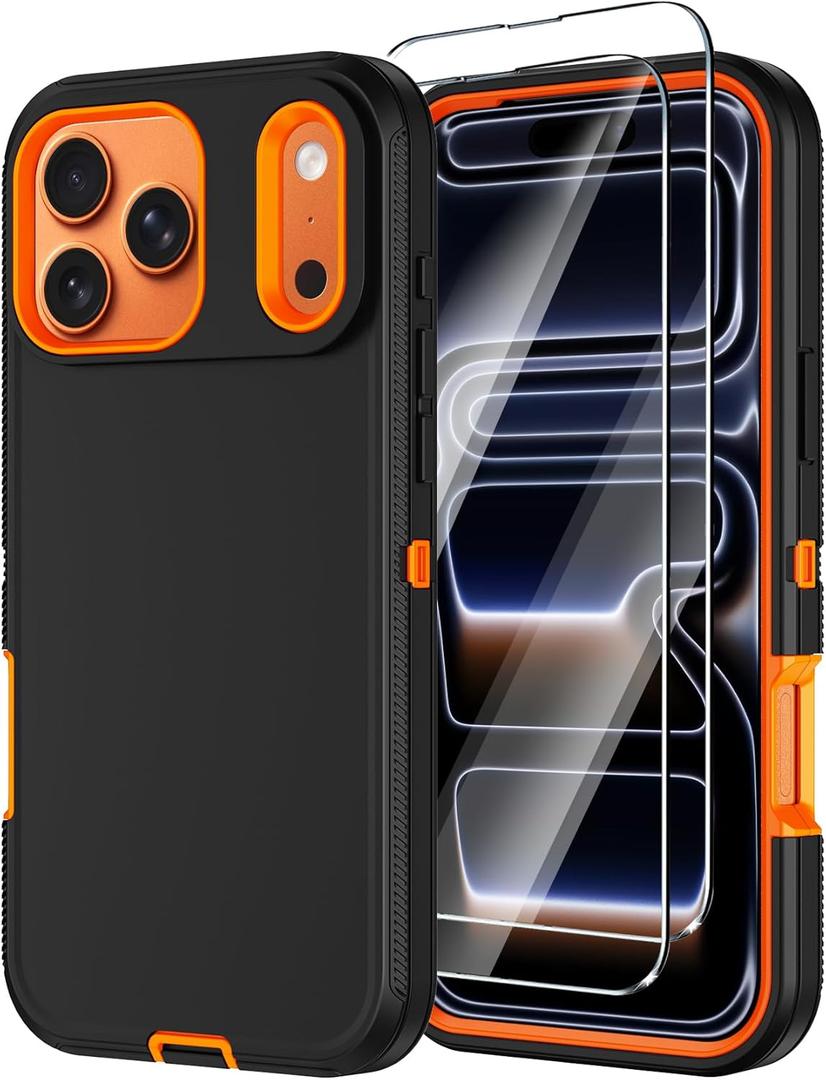 Annymall for iPhone 17 Pro Case with Screen Protector, Heavy Duty 3-Layer Drop Protection DustProof, Military Grade Shock-Absorbing Rugged Bumper Phone Cases Cover for Apple 17 Pro 6.3" (Black/Orange)