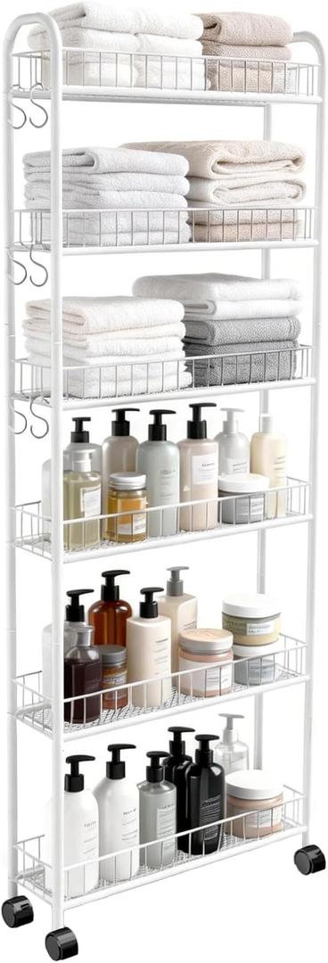 6in 6 Tier Slim Storage Cart with Wheels, Narrow Space Rolling Shelving Unit, Metal Wire Mobile Organizer Rack for Kitchen Bathroom Office Laundry, 6in White Cart