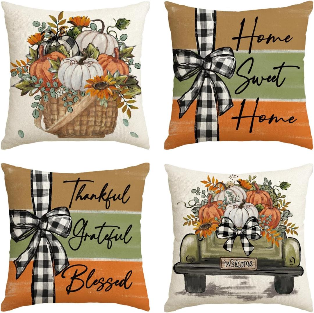 AVOIN colorlife Fall Pumpkin Truck Sunflowers Home Sweet Home Throw Pillow Covers, 18 x 18 Inch Autumn Thankful Grateful Blessed Harvest Floral Decorations for Sofa Couch Set of 4