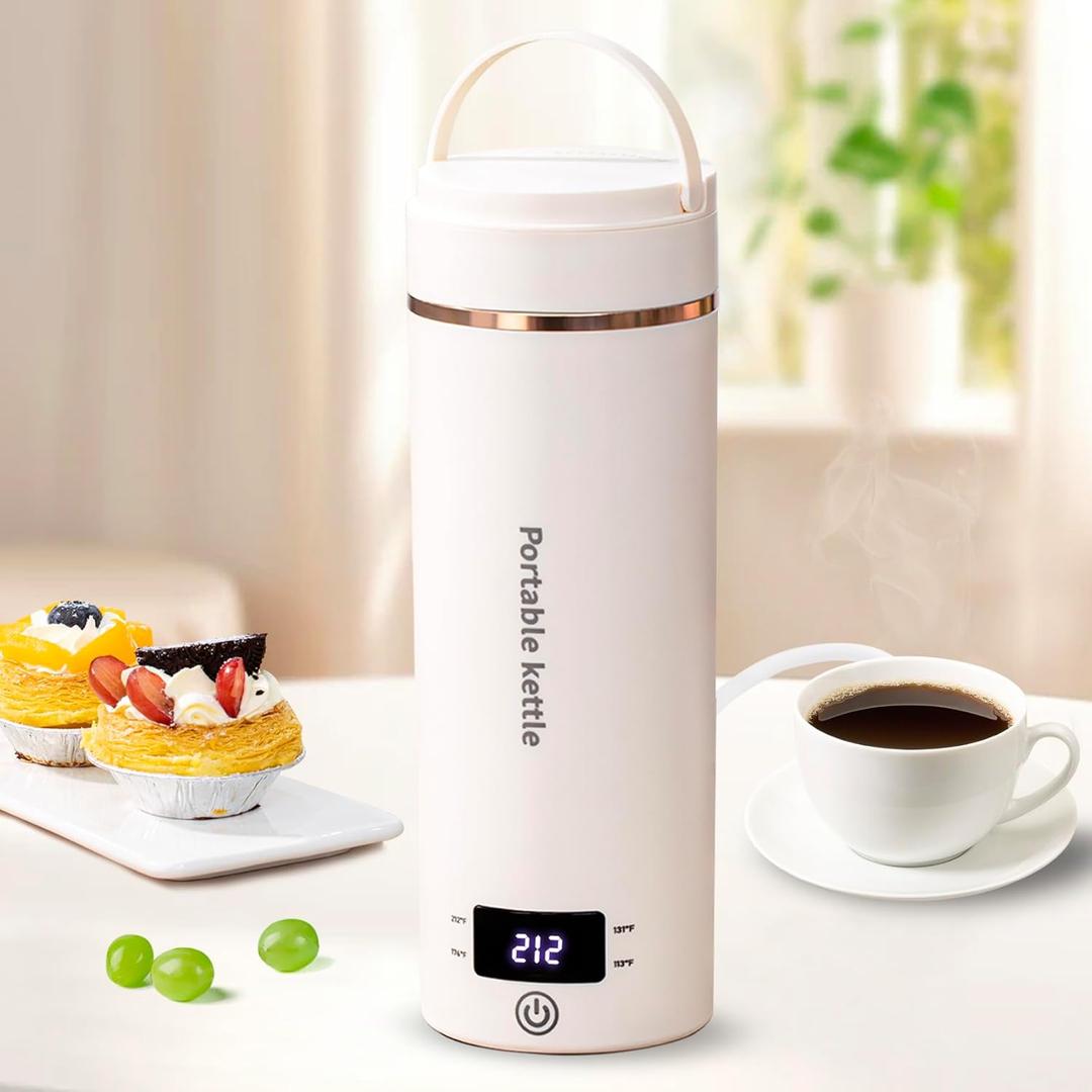 Travel Electric Kettle Portable Mini Kettle,Small Hot Water Boiler with 4 Temperature Settings,304 Stainless Steel,Fast Boiling Water with Auto ShutOff and Boil Dry Protection,400ml (Beige, 400ML)