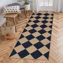 Checkerboard Easy Jute Runner Rugs for Hallway 2x6 Non-Slip Modern Geometric Bedside Rug, Stain-Resistant Low Pile Floor Runner