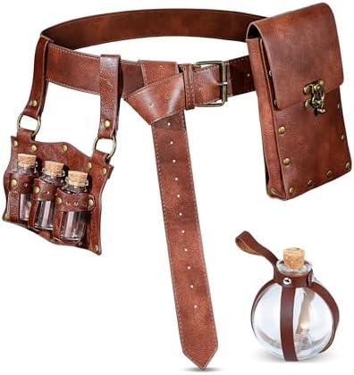 Skicuff 4 Pcs Renaissance Accessories Belt Pouch Waist Bag Alchemy Potion Bottle Fantasy Wizard Potion Bottles Belt with 4 Cork Potion Vials for Halloween