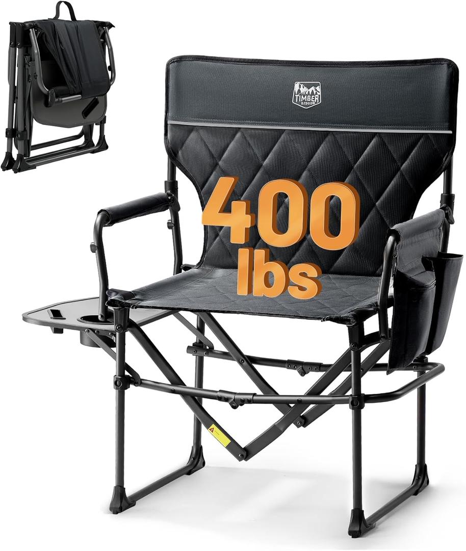 TIMBER RIDGE Heavy Duty Camping Chair with Compact Size, Portable Directors Chair with Side Table and Pocket for Camping, Lawn, Sports and Fishing, Supports Up to 400lbs, Black