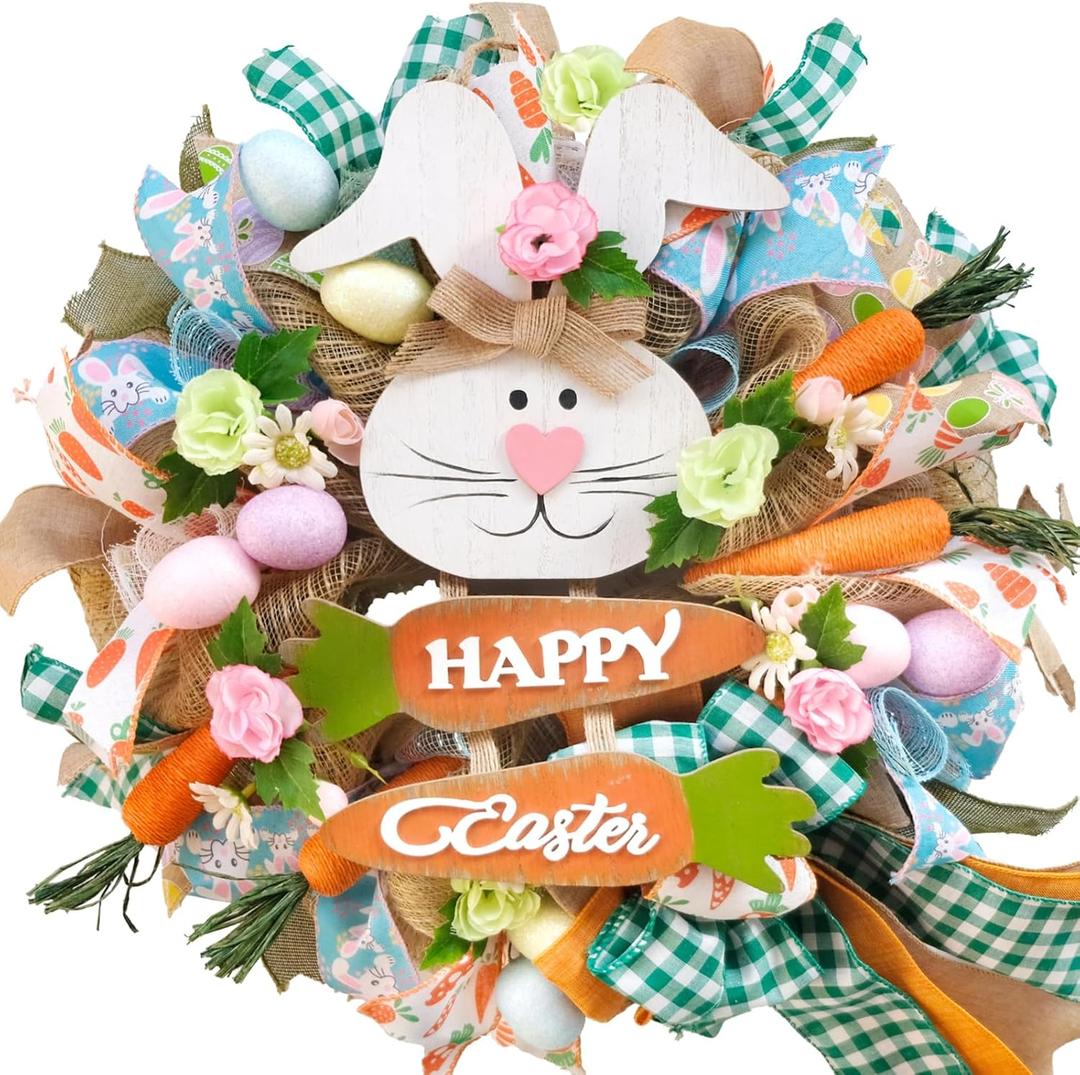 Bibelot 18" Easter Bunny Wreaths, Artificial Mesh Door Wreath for Front Door Hanging Decorations with Carrot Eggs Flowers for Home Farmhouse Spring Summer Easter Party Decor