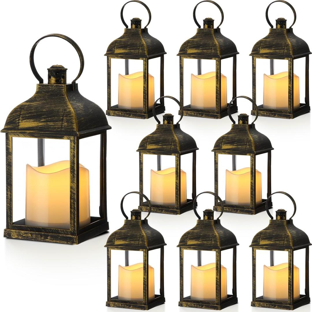 8 Pcs 10 inch Decorative Candle Lantern Bulk for Wedding Centerpieces Lanterns with LED Flameless Candle Indoor Outdoor Battery Powered Hanging Lights for Wedding Party (Light Bronze)
