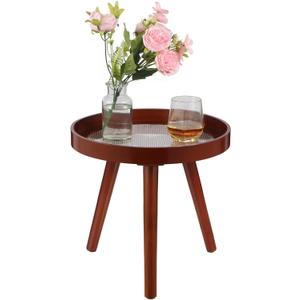 Small Round End Table, Side Tables for Patio, Mid Century Modern Rustic Accent Table with Solid Wood Legs, Reddish Brown Finish, Perfect for Bedroom, Living Room, Indoor Or Outdoor