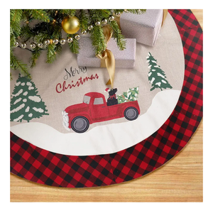 48 Inches Burlap Christmas Tree Skirt with Red Plaid Trim, Red Truck and Black Dog Pattern Rustic Linen Farmhouse Style Xmas Holiday Party Decorations