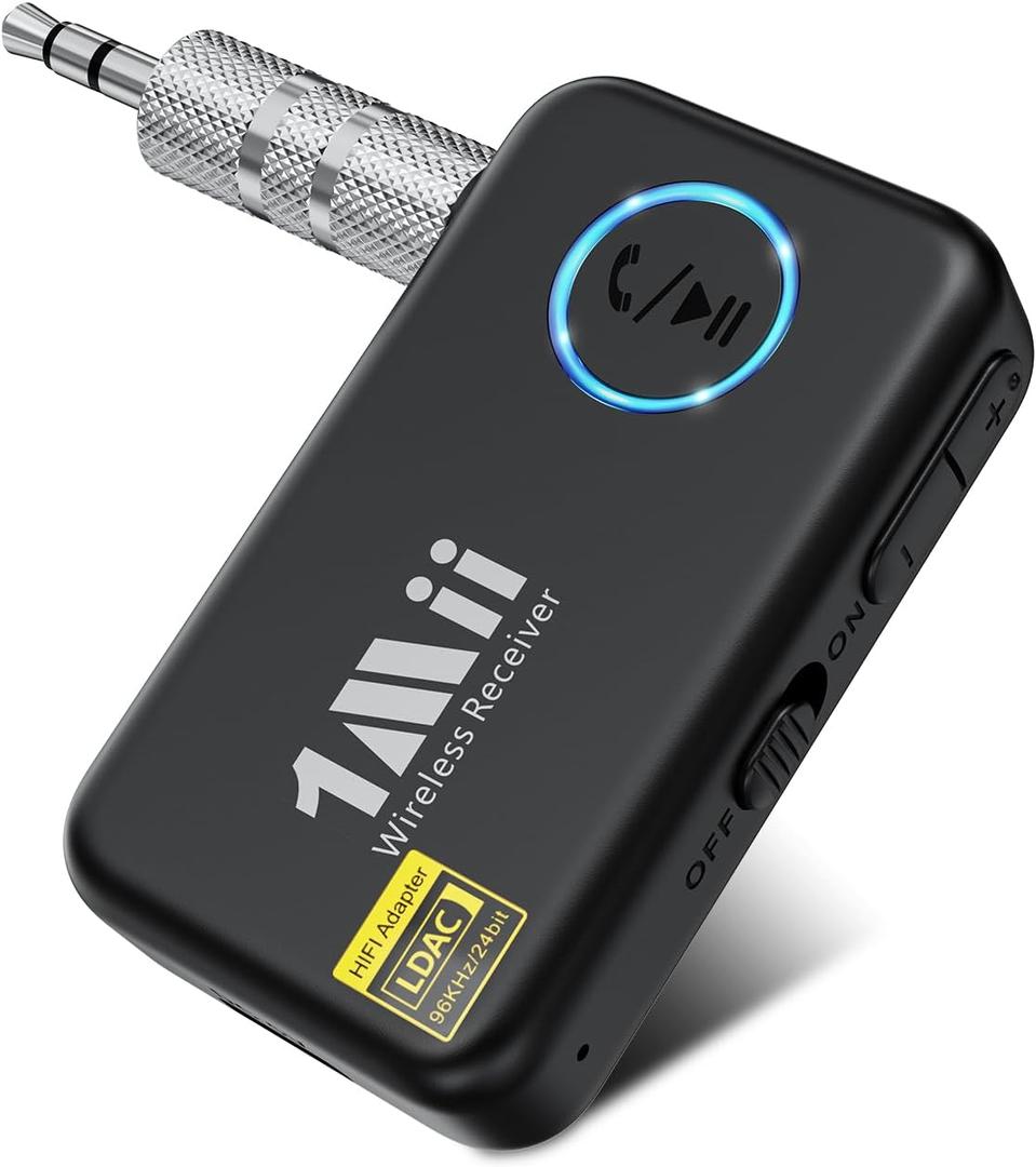 1Mii LDAC Bluetooth Aux Adapter for Car, Wireless Bluetooth 5.3 Receiver with Volume Control, 10H Battery Life, Hands Free Calls, Use in Car/Home Stereo/Wired Headphones/Speaker