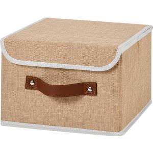 Collapsible Storage Boxes Baskets with Lid Cotton Linen Fabric Storage Bins with Faux Leather Handles Decorative Washable Cube Organizer Container for Home Closet Bedroom (Linen, Small Size)