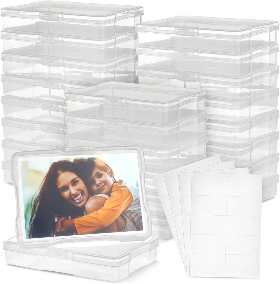 Bright Creations 24 Photo Storage Boxes for 4x6 Pictures - Photo Organizer Containers with 40 Blank Labels - Clear, 64 Total Pieces - Picture Storage Containers