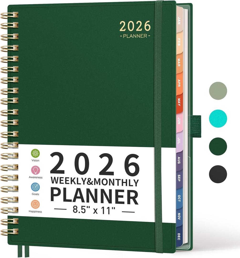 RETTACY 2026 Planner, Weekly and Monthly, Large Size (8.5" x 11"), Jan - Dec 2026, Agenda, Calendar, 12 Month Tabs, Flexible Plastic Cover, 100 GSM Thick Paper, Spiral-bound (Dark Green)