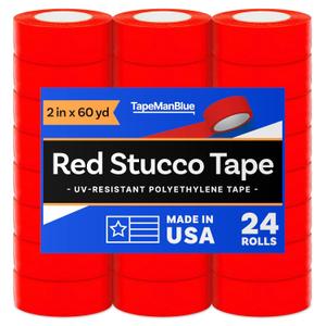 Red Stucco Tape, 2 inch x 60 yd, Case of 24 Rolls, Made in USA, Heavy Duty Red Poly Tape for Stucco, Concrete, Brick, Rough Surfaces, and Hanging Poly Sheeting, UV Resistant, Clean Removal