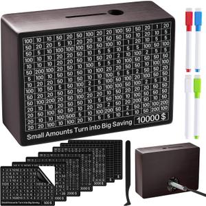 Money Saving Box, Piggy Bank Savings Challenge Box with 8 Goals for Adults & Kids, Wooden Money Savings Box Money Bank for Coin & Cash Vault, Money Saver, Alcancias De Dinero, Caja De Ahorro