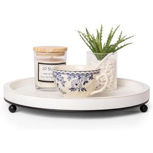 GENMOUS 12in Decorative Tray - White Wood Iron Bead Round Tray for Coffee Table, Rustic Farmhouse Centerpiece for Living Room, Kitchen Table Dining Decor